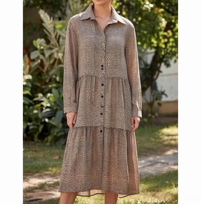 DISSH Dress Size 10 Small S Brown Black Spots Midi Button Front Long Sleeve Tier