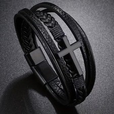 Men's Black Cross w/ Black Bracelet Christian Faith Religious Jesus Wristband