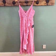 Lulus Pink Floral Textured Ruffle Wrap Midi Dress Spaghetti Straps