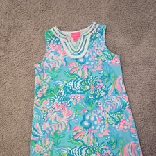 Lilly Pulitzer Shift Dress Sleeveless V-Neck Cotton Size 12-14 GIRL Floral Pom