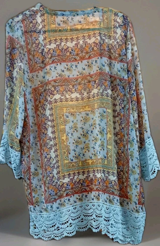 Jolt Kimono Cardigan Small Boho Sheer Patchwork Lace Trim Festival Hippie Top - Image 4 of 4