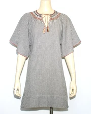 THE GREAT Gray Striped Cotton Embroidered Tunic Dress Wide Short Sleeve Size 1 S