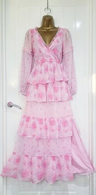 Miss Selfridge Gr. UK 8 rosa lang Stufen kariert Blumen Chiffon fließend Kleid sehr guter Zustand