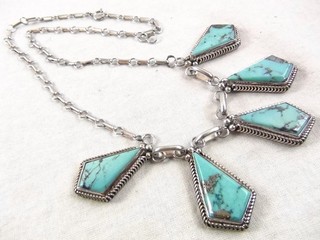 Navajo Kay Yazzie 43g 19.75" Sterling Silver 5 Turquoise Chain Necklace Native