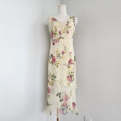 Y2K Scarlett Floral Asymmetrical Midi Dress Sleeveless V Neck Bias Cut Women's S