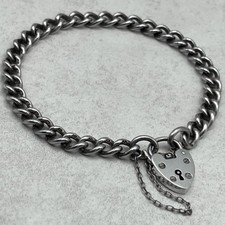 Vintage sterling silver curb link charm heart padlock bracelet, 15.5g, made 1972