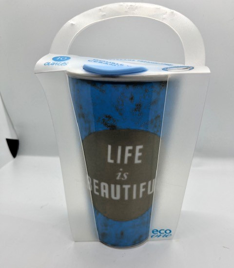 Eco One Double Walled Ceramic Travel Mug Blue "Life is Beautiful" 10 oz