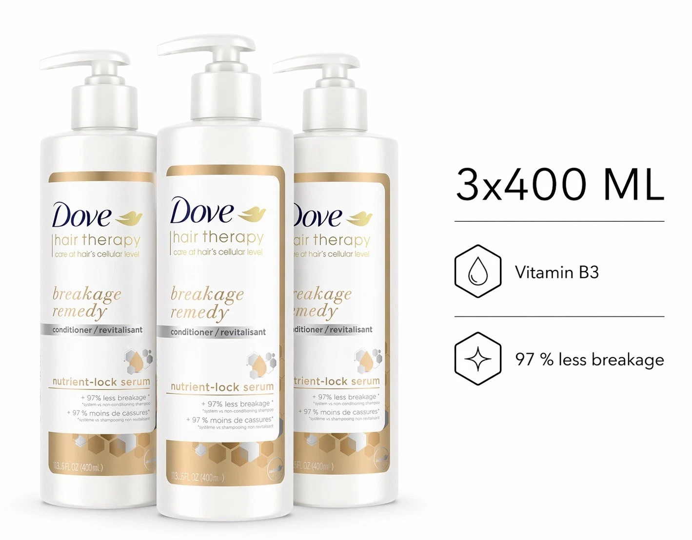 Dove Hair Therapy Breakage Remedy Conditioner 3x400ml Nutrient Lock Serum