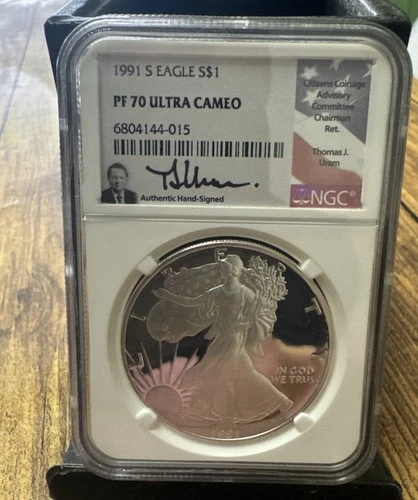 1991-S $1 Proof American Silver Eagle NGC PF70 Ultra Cameo Thomas Uram Signed