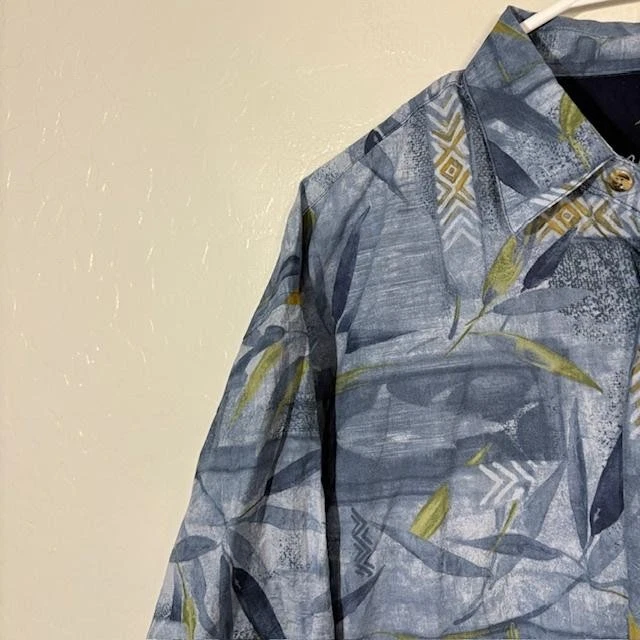 竹制 Cay 衬衫男式大号蓝色夏威夷纽扣前热带印花棉 — 第 2/4 张图片