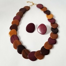 Multi-Color Wooden Disk 21" Adjustable Necklace and Matching Clip-On Earrings