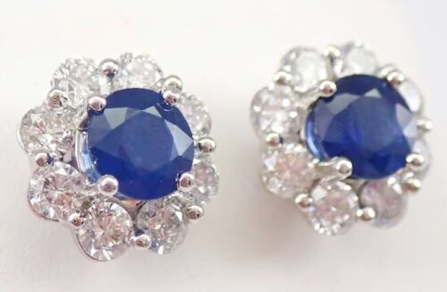 0.80ct Zafiro Natural Diamante Redondo 14k Oro Blanco Boda Tuerca Pendientes - Imagen 3 de 5