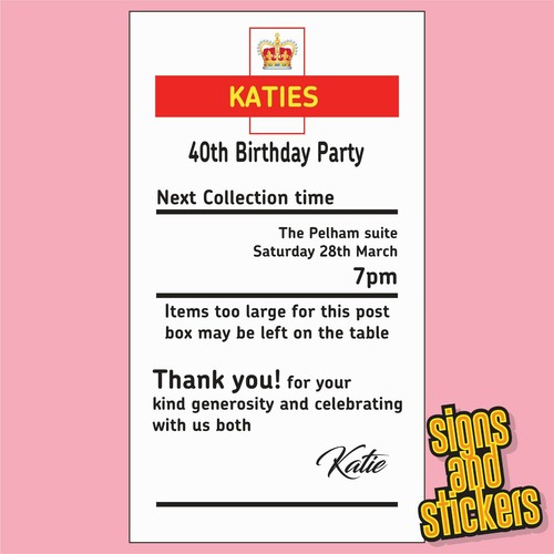 Personalised Royal Mail Birthday Party Card Post Box Card Sticker Any