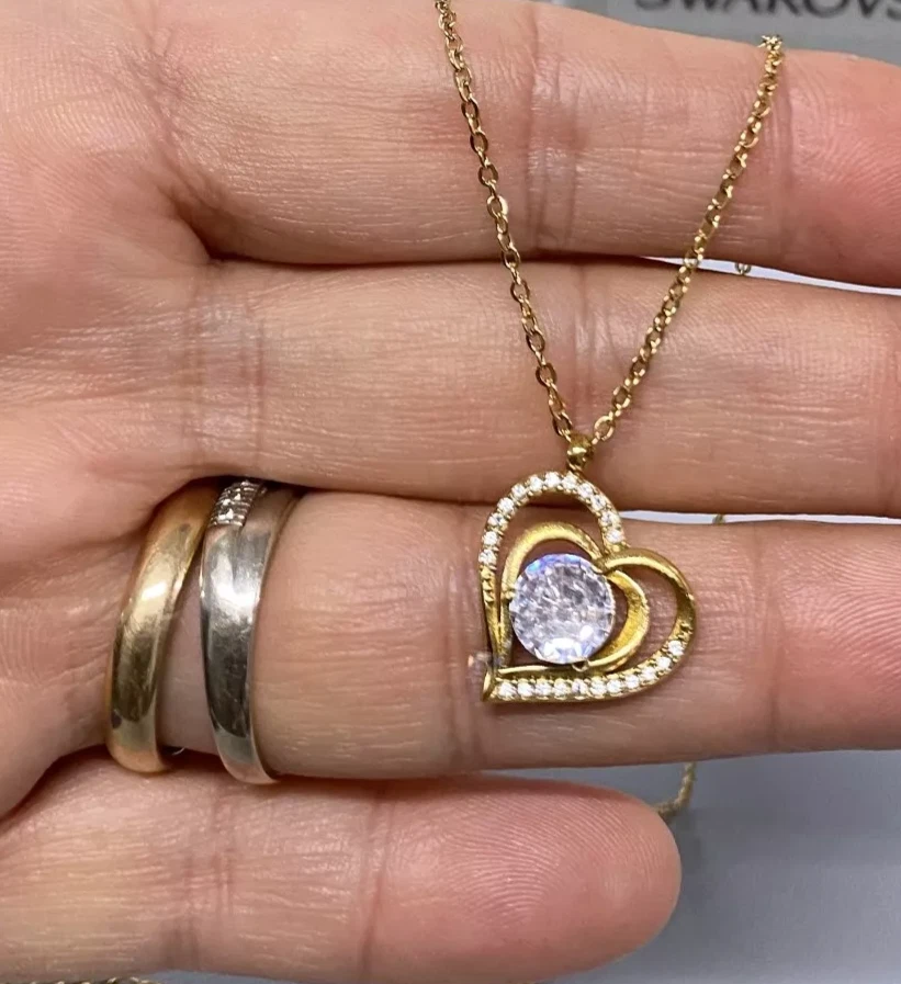Collana Cuore Stilizzat pl. oro Giallo 18k Girocollo con Cristalli Zirconi  S84 - Foto 3 di 6