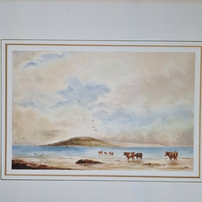 Vintage Aquarell Küstenlandschaft Kühherde am Meer