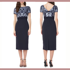 NEW 188 JS COLLECTIONS 6 Mixed Media Soutache Midi Dress In Navy S359