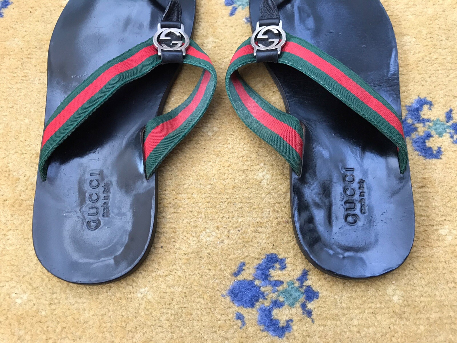 Gucci Sandals Leather Shoes Thong Black Web Green Red Metal G Men UK 10 US 11 44 thumbnail 9