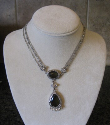Silver Tone BIJOUX TERNER Lavalier Necklace w/ Clear Rhinestones Faceted Glass