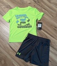 NEW NWT Under Armour Tee Shirt Shorts Lime Dark Grey Kids Boys 4