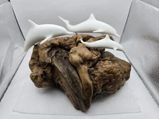 John Perry 3 Dolphins Sculpture Driftwood Base Large