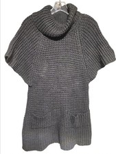 MAK Women’s Sweater Dress S Gray Knit Cowl Neck Short Sleeve Tunic Pockets