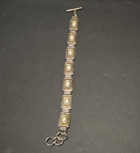 Retired Brighton Silver & Gold Tone Link Bracelet, Oval Faux Pearls, Toggle