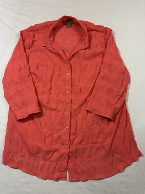 Notations Blouse Orange Button Up Sheer Long Sleeve Top Classic Womens Size XL