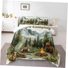 Camping Theme Comforter Set,Kids RV Camper Bedding Set Twin Green and Brown