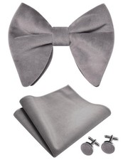 Mens Solid Plaid Velvet Pre Tied Adjustable Bow Tie Pocket Square Cufflink Set