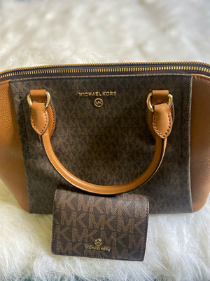 Michael Kors Brown Logo Satchel Top Handle Zip Bag Detachable Strap