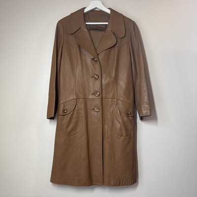 Vintage Leda Spain Overcoat Size 10 Leather Trench Coat Camel Brown 80s READ