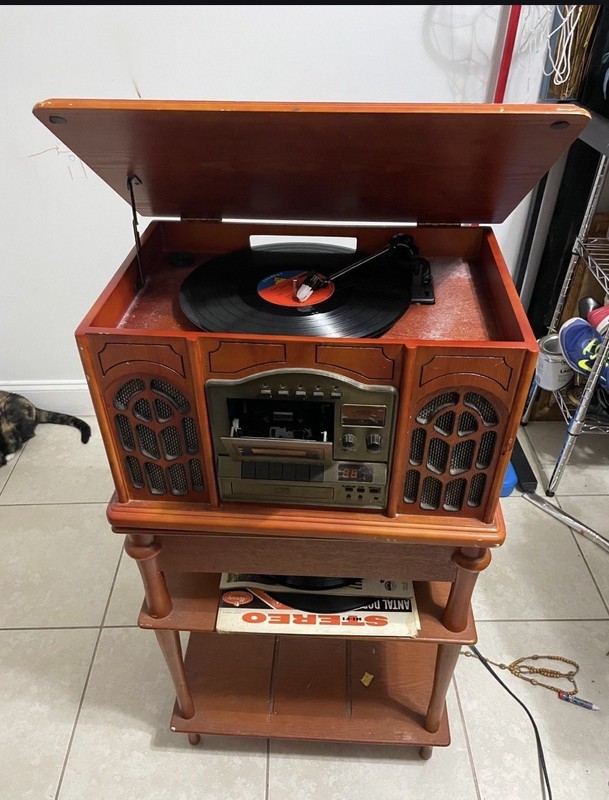 Stereo Turntable Cabinet Console w/ Built-In Speakers, CD Cassette AM/FM, Brown