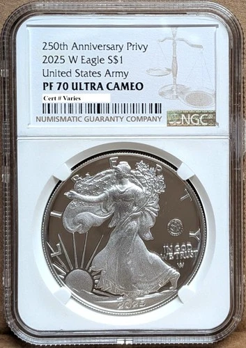 2025 w silver eagle army 250th anniversary privy ngc pf70 brown