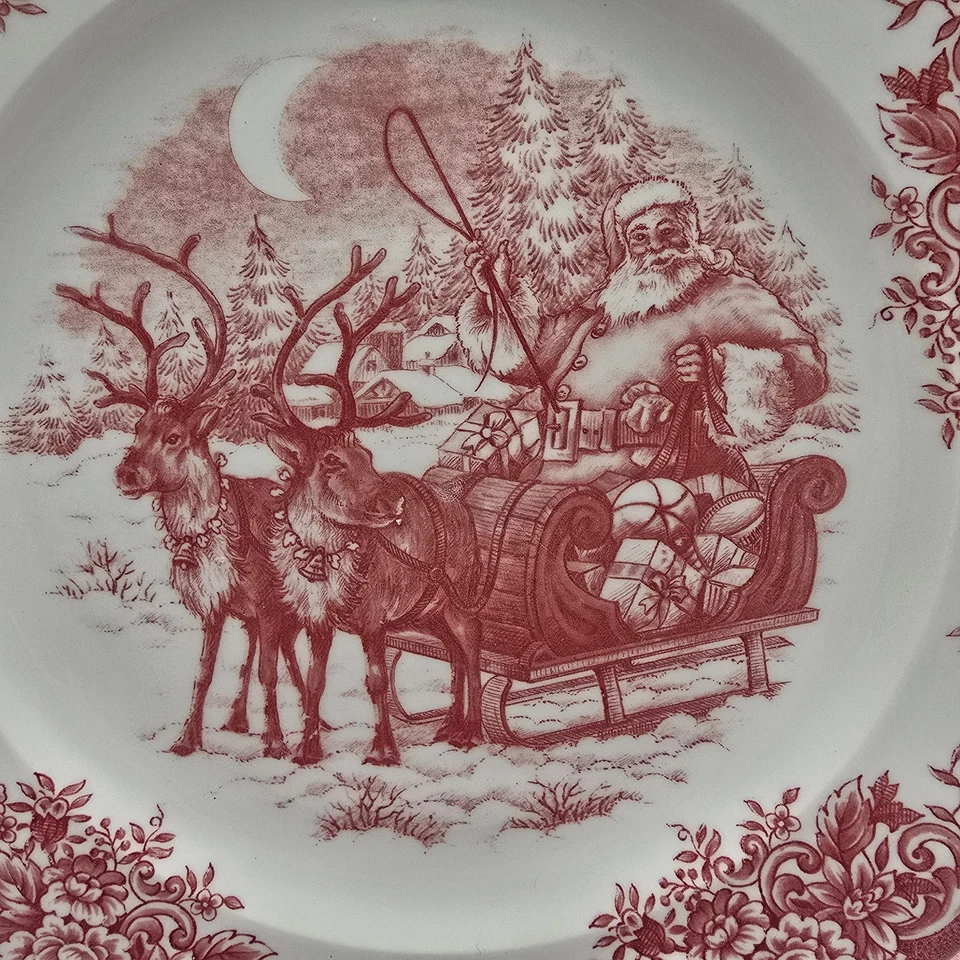 Набор из 6 красных обеденных тарелок Royal Stafford Santa's Sleigh рождественский туалет - Изображение 2 из 4
