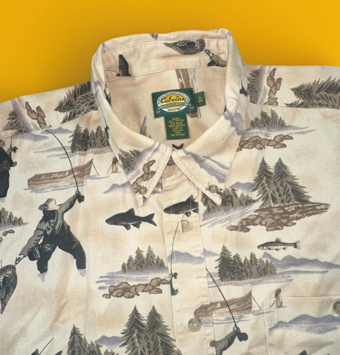 Cabelas Mens XL Beige Button Down Shirt With Fisherman & Nature Print AOP
