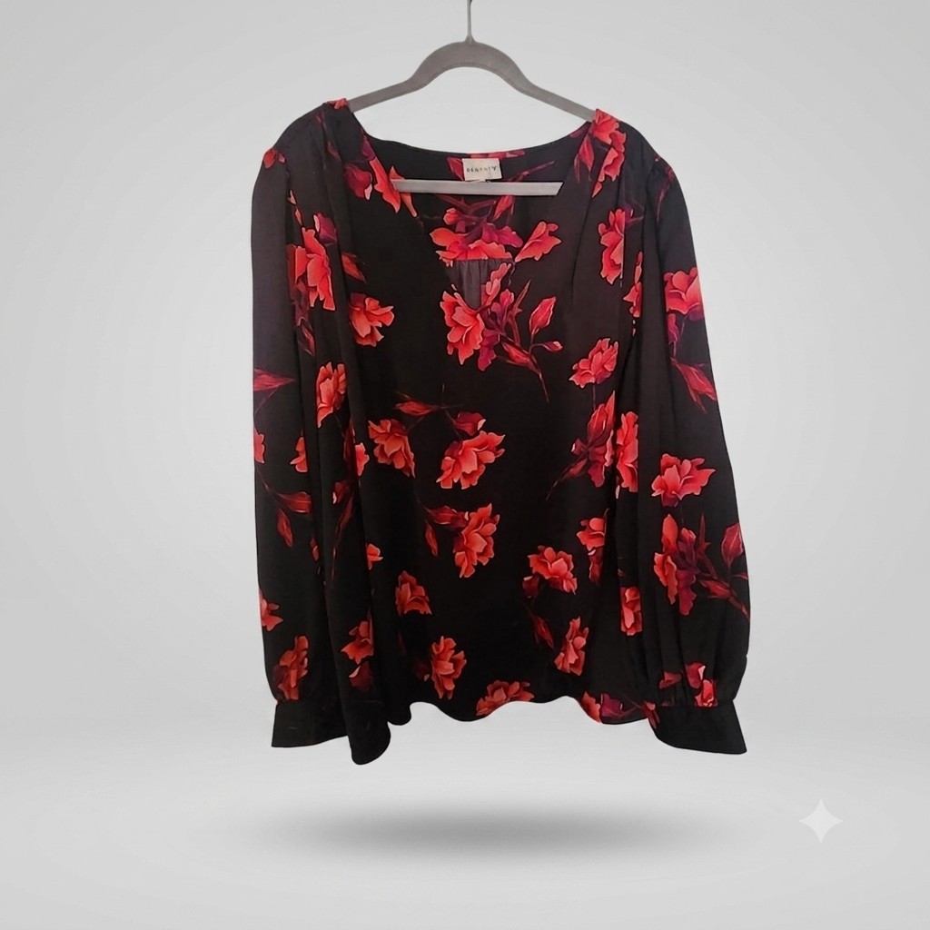 Ava & Viv Women's 3X Black Red Floral Long Sleeve Blouse Plus Size