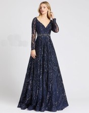 Mac Duggal Navy Blue Damask Sequin Beaded Waist Long Sleeve Ballgown Size 6 $598