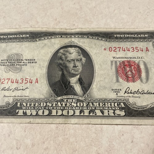 1953A 2 DOLLAR BILL RED SEAL STAR NOTE LUCKY LOW SERIES NUMBER *02744354 A - Picture 2 of 13