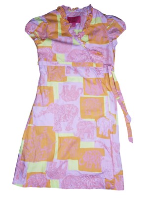 lilly pulitzer pink elephant dress Lilly Pulitzer Jubilee Wrap Dress Girls 14 Pink Orange Elephant S/S Cotton