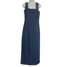 Vintage Boutique Europa Denim Maxi Dress 12 Side Buttons Pockets Stretch NWOT