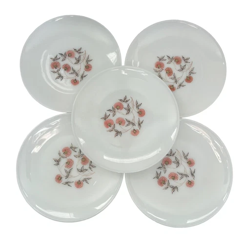 Vtg Set of 5 Anchor Hocking Fire King 9" Plates Fleurette Pink Flower Milk Glass