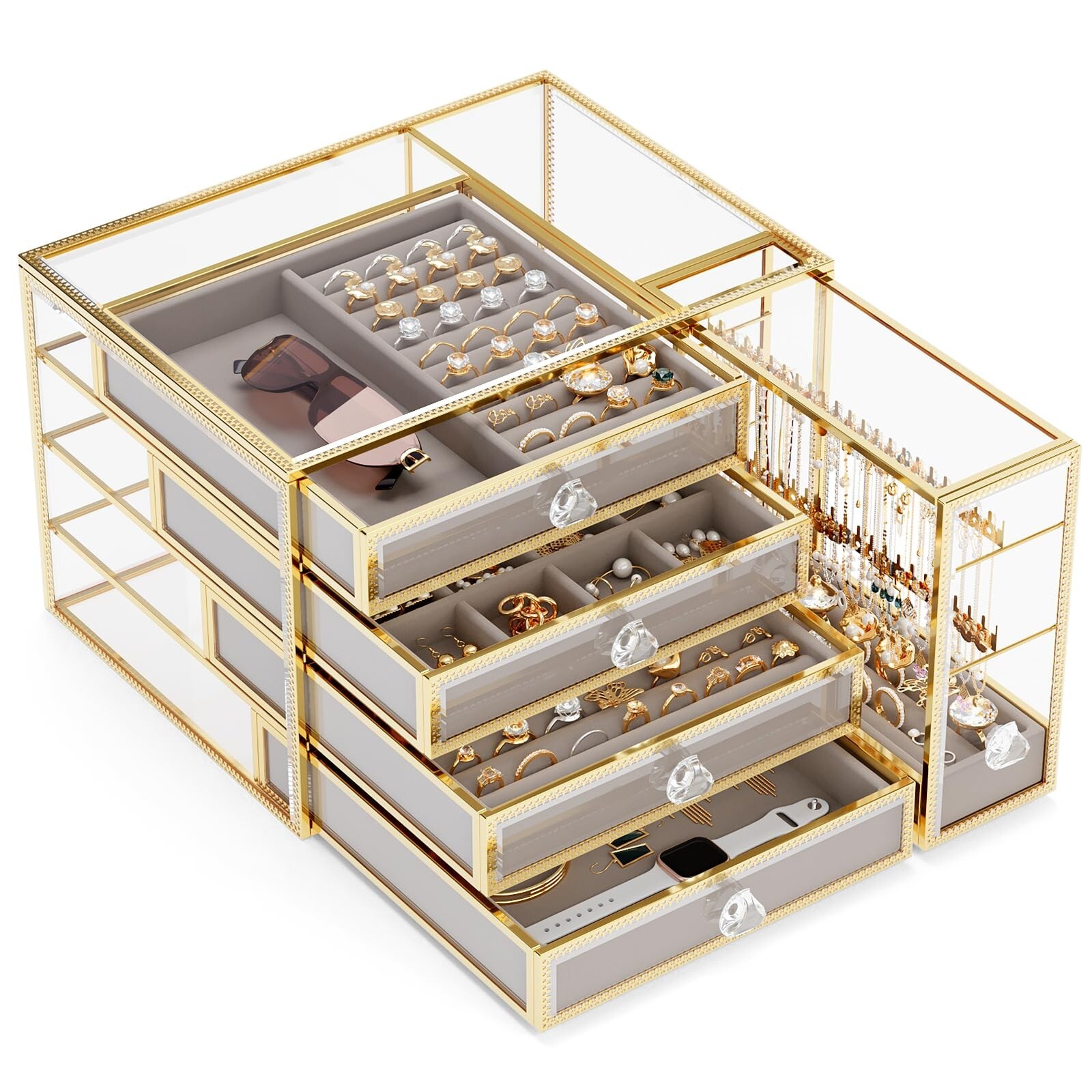 Jewelry Box Tempered Glass 5-Drawer Jewelry Organizers and storage, Large Jew...-image