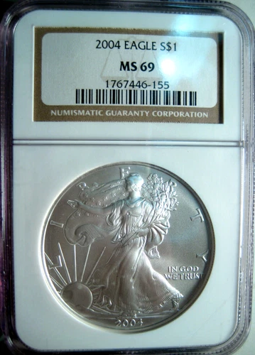 2004 $1 AMERICAN SILVER EAGLE NGC MS69~1 OZ PURE SILVER NEAR FLAWLESS *