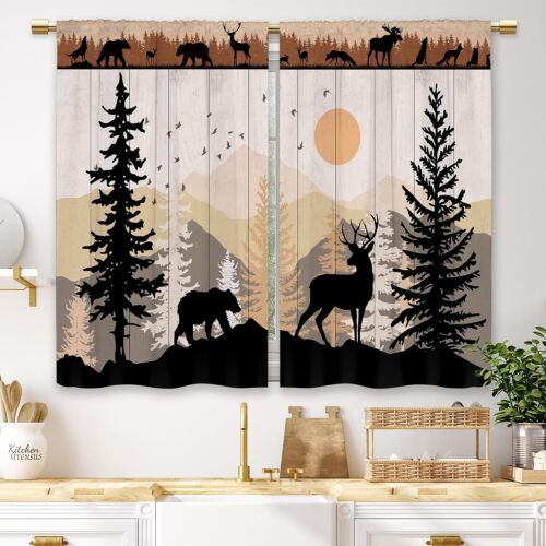 Farmhouse Forest Cabin Kitchen Curtains Rustic Wooden Small Short Cafe Window 2