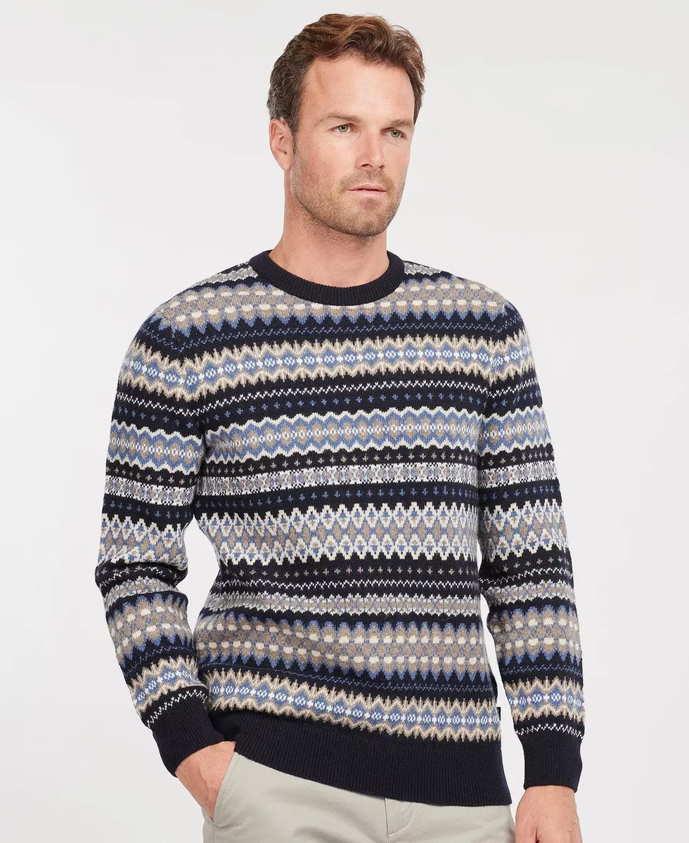 BARBOUR Case Fair Isle Crew Lambswool Sweater Large Jumper Midnight Blue M2