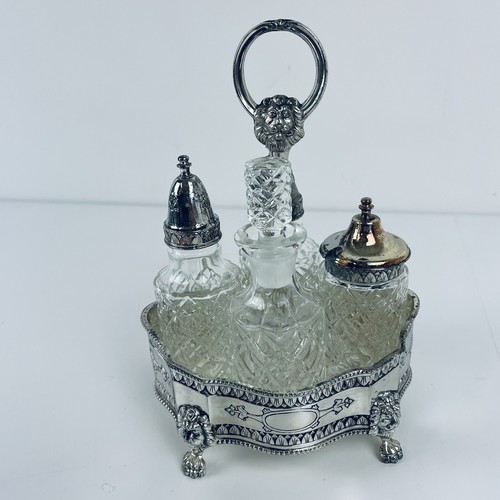 Antico set condimento bottiglie vetro coperte 5 pezzi con caster tono argento - Foto 4 di 12