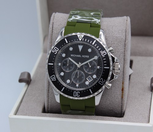 NEW AUTHENTIC MICHAEL KORS EVEREST SILVER BLACK GREEN SILICONE MK8981 MENS WATCH - Picture 20 of 20