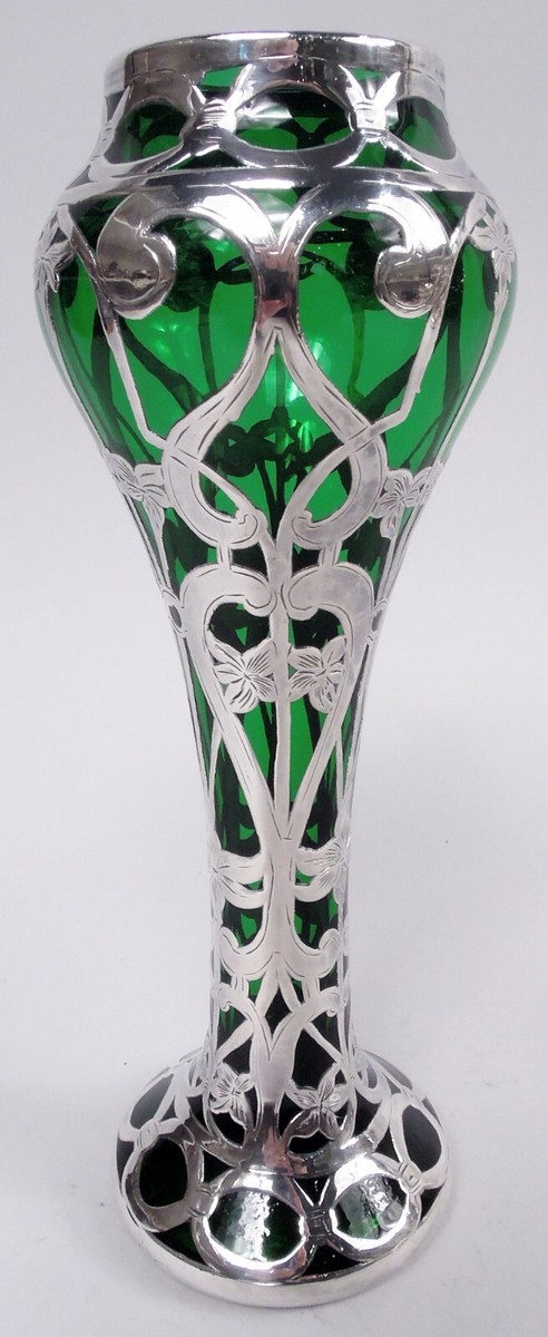 Art Nouveau Alvin Sterling over Green Glass Vase Art Nouveau Alvin Sterling over Green Glass Vase