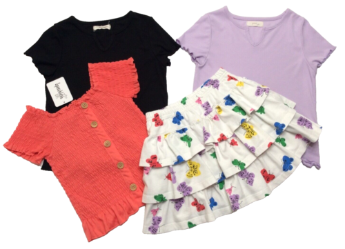 sz 7-8 Girls Lot - 3 Tops (1 NEW) & Hanna Andersson Butterfly Tiered Skort (130)