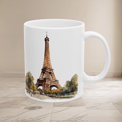 Paris France Travel Mug, Watercolor Like Designs, Eiffel Tower, Arc de Triomphe